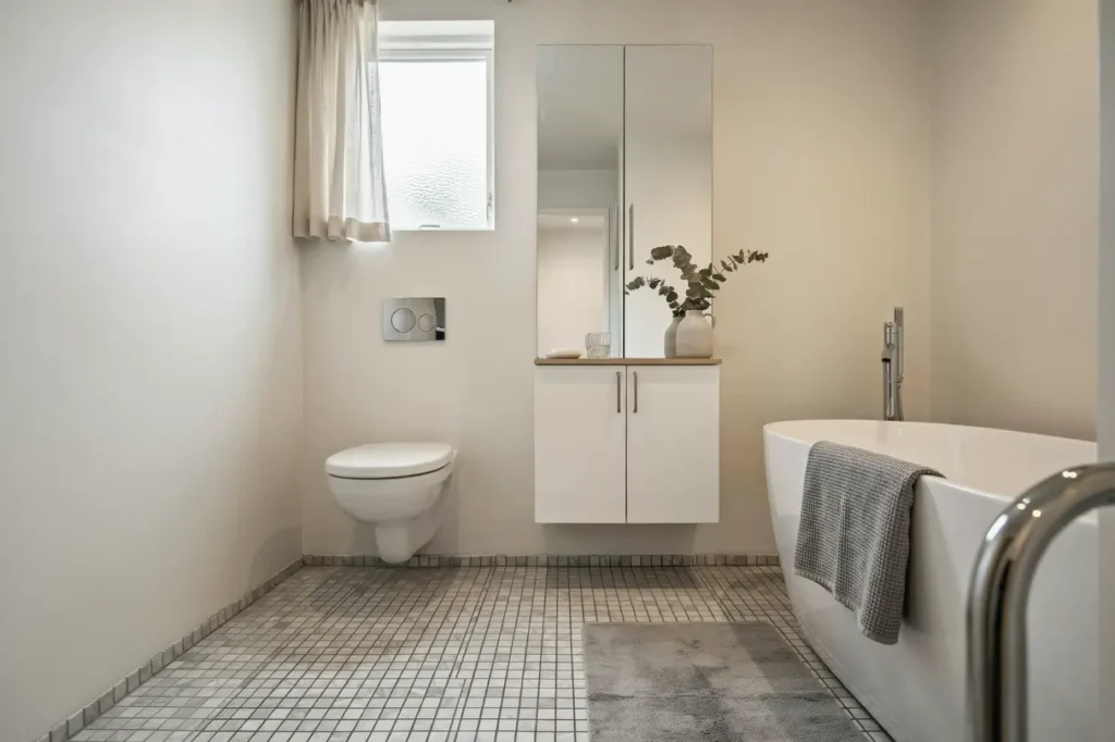 badrumsrenovering klar med klinkergolv och spegelsk p i haga